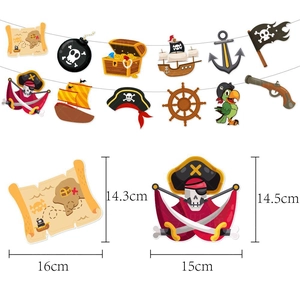 Cartoon pirate birthday party banner set with treasure maps and ship hanging decorations