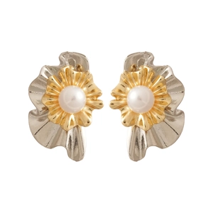 French vintage multi-layer flower stud earrings with white pearl and two-tone metal