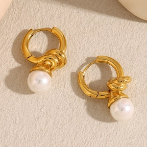 French vintage knotted 18K gold plated stainless steel hoop earrings with white pearls