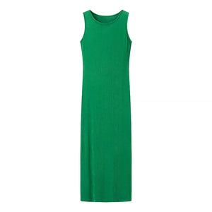 Detailed view of green sleeveless knit maxi dress featuring textured vertical ribbing pattern