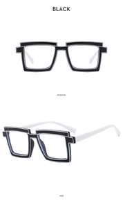Detail view showing black square TR90 frame with contrasting white temples and pixel edges
