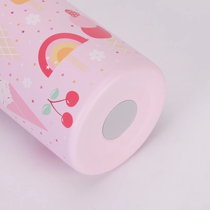 Detail of pink stainless steel water bottle with cartoon patterns and anti-slip bottom