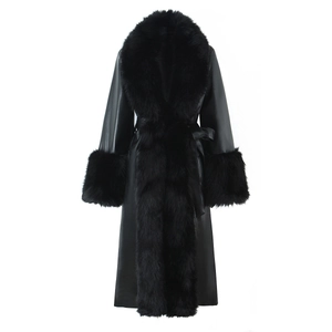 Women Long PU Leather Coat With Faux Fur Collar Belted Casual Slim Fit Winter Outwear
