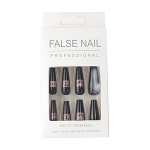 Sexy black long coffin press-on nails featuring minimalist body line art patterns