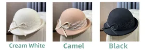 Three-color wool cloche hats with French lace ribbon and bow detail close-up view