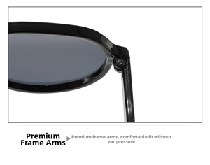 Detail of the high-quality reinforced metal hinge on black glossy sunglasses frames