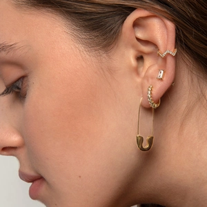 Chic gold-plated safety pin drop earrings and cubic zirconia ear cuff set for women