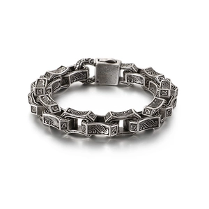 Vintage stainless steel men's link bracelet with auspicious cloud patterns and aged finish