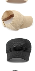 Detail of breathable knitted mesh fabric on beige and black summer sun visors