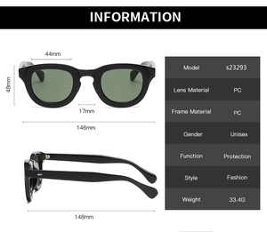 Detailed size chart of round frame sunglasses showing lens width 44mm and frame width 146mm