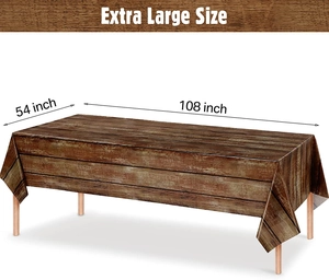 Detailed size view of the 108x54 inch extra large natural wood grain disposable tablecloth
