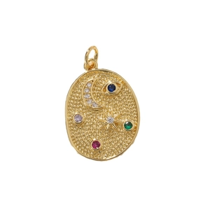 Gold oval pendant with star and moon motifs, inlaid with colorful zircon stones on white base