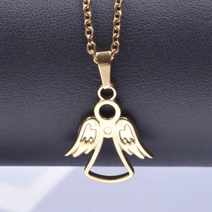 Detail shot of a 18k gold plated angel pendant featuring intricate wing textures