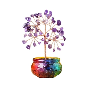 Natural amethyst crystal money tree centerpiece with copper wire and colorful glass pot