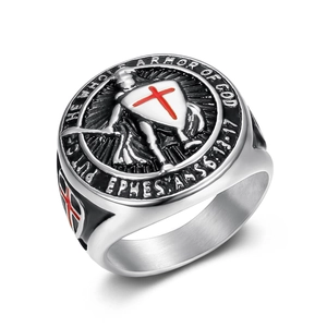 Detail of red cross shield and engraved bible verse on men's vintage steel signet ring