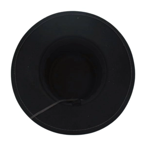 Internal view of black wool felt fedora hat showing adjustable inner drawstring detail
