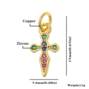 Detailed view of a gold cross pendant with colorful zircon stones and dimensions