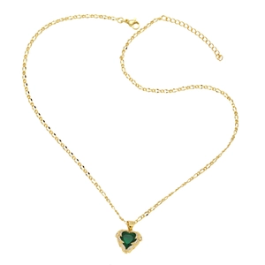 Gold plated heart necklace with dark green zircon and white crystal stones