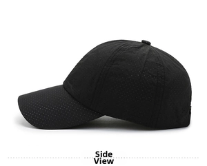 Detail view of the breathable black mesh fabric on a quick-dry baseball cap for sun protection