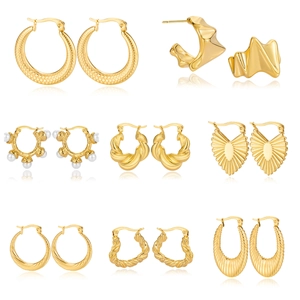 Chunky Hoop Earrings 18K Gold Plated Stainless Steel Geometric Textured Croissant Style Vintage Jewelry For Women