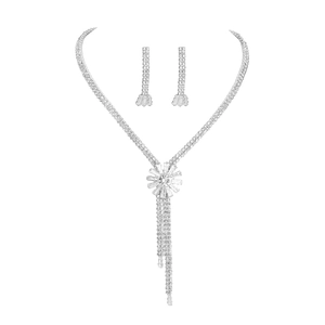 Elegant floral rhinestone necklace and earring set with shimmering silver tassels
