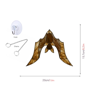Detail view of acrylic bat suncatcher with chain and hook measuring 7.9 by 6.2 inches