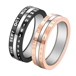 Detail view of rotatable stainless steel calendar rings with engraved months and dates