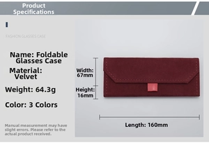 Detailed specs of wine red plush velvet folding glasses case with size measurements