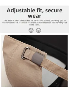 Detail of adjustable metal buckle and khaki cotton strap on the back of baseball cap