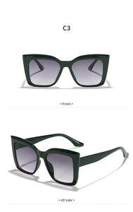 Detail view of square cat-eye sunglasses with C3 gradient lenses and thick dark frames