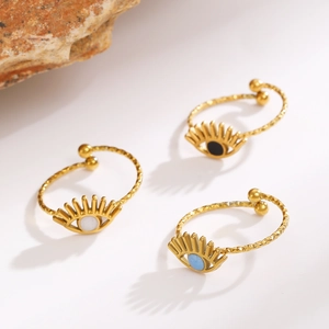Adjustable evil eye ring set in gold finish with textured band for women