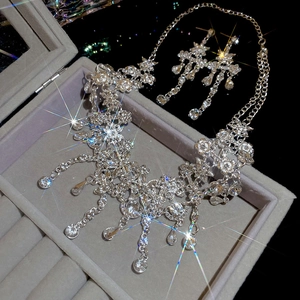 Détail du parure collier et boucles fleurs argentées avec cristaux en écrin velours