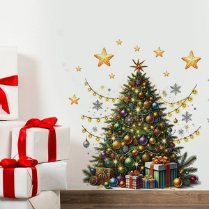 Detail of festive Christmas tree wall decal with colorful gift boxes and stars