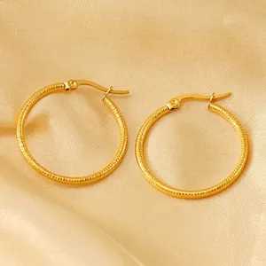 Stainless Steel 18K Gold Plated Hoop Earrings For Women Exaggerated Spiral Threaded Texture Geometric Round Stylish