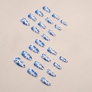 Blue and white porcelain floral pattern almond press-on nails set of 24 pieces