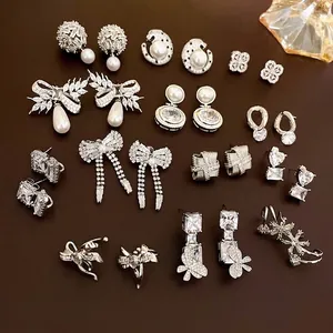 Zircon Bow Flower Heart Earrings With Silver Earring Post Copper Luxury Fashion Jewelry Women