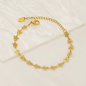 Elegant gold-plated stainless steel bracelet with daisy flower charms and blue petals