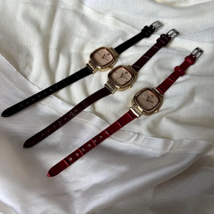 Elegant ladies square quartz watches with leather straps in black, brown, and red colors