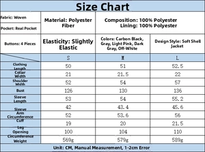 Size guide with detailed measurements for women's soft bomber jacket in various sizes