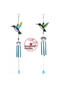 Detailed hummingbird wind chime with four blue metal tubes and glass painted wings