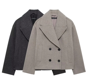 Flat lay of wool blend short double-breasted coats in dark grey and oatmeal colors