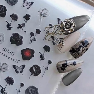 Gothic black rose and butterfly nail art stickers with metallic charms set