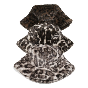 Winter faux fur leopard print bucket hats in brown, classic and grey tones for women