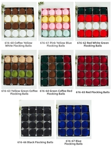 Detailed grid view of 16-piece flocked Christmas ball sets in various textures and colors