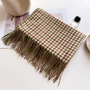 British style green and brown plaid scarf with fringe, soft cashmere-like warm shawl