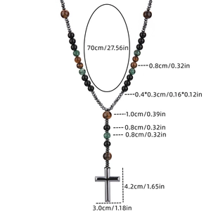 Detailed size chart for natural stone cross necklace with 70cm length and bead dimensions