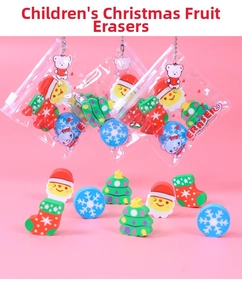 Close-up of Christmas erasers set in zipper bags featuring Santa and tree shapes