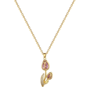 Elegant gold tulip necklace with pink gemstones and sparkling crystal accents on O-chain