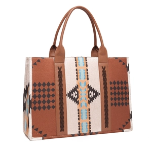 Detail of bohemian tote bag with tribal geometric patterns and brown leather straps