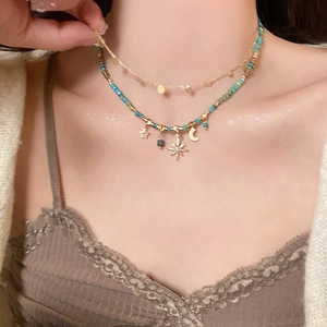 Bohemian Layered Necklace Gold Disc Chain Turquoise Beads Star Moon Sun Pendants Vintage Jewelry For Women
